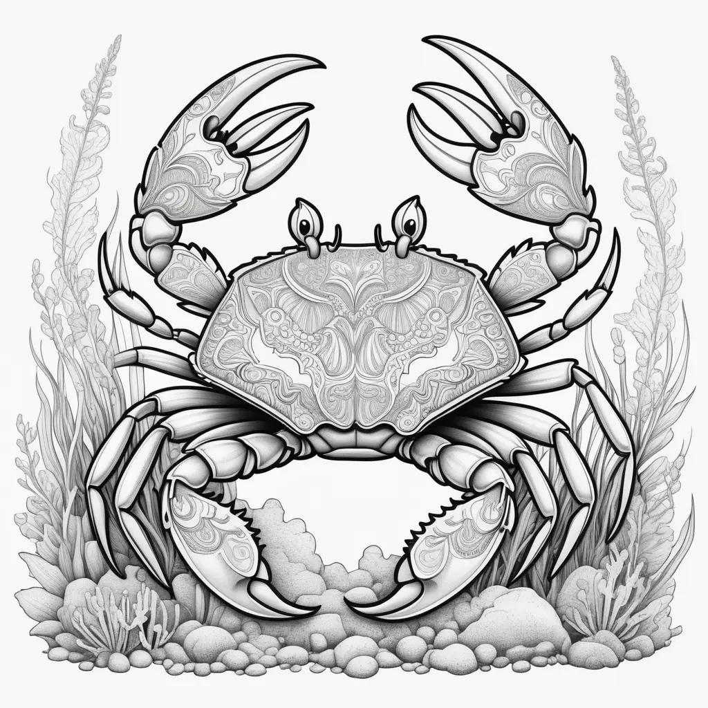 Black and white drawing of a crab in a sea