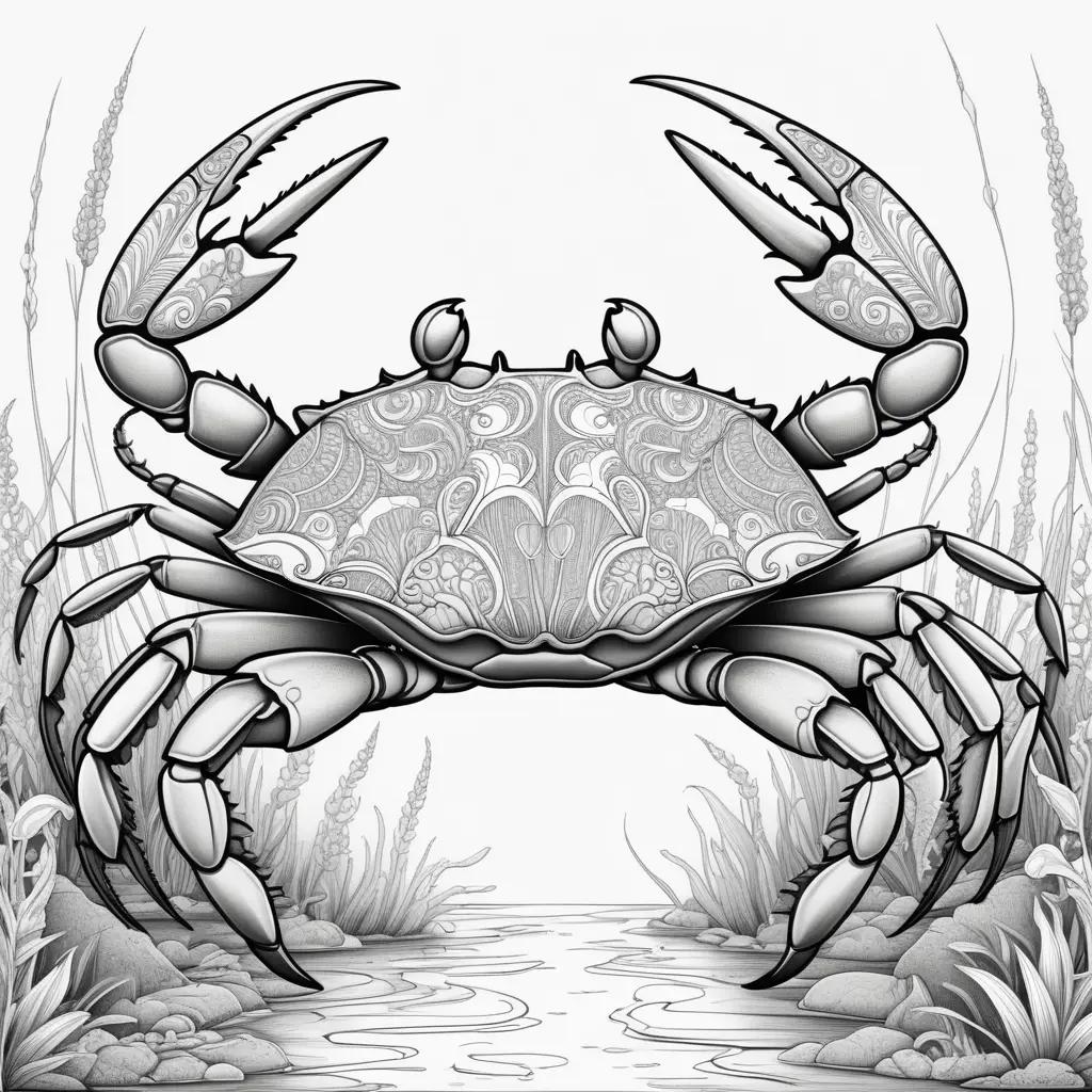 Black and white drawing of a crab on a color page