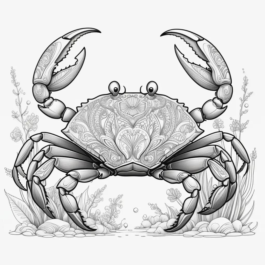 Black and white drawing of a crab on a floral background