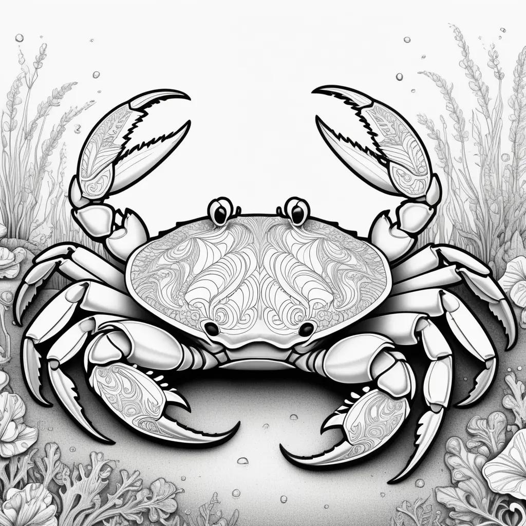 Black and white drawing of a crab with an ocean background