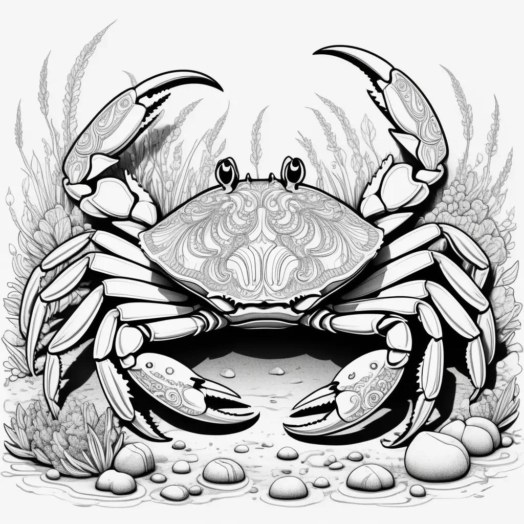 Black and white drawing of a crab with colorful background