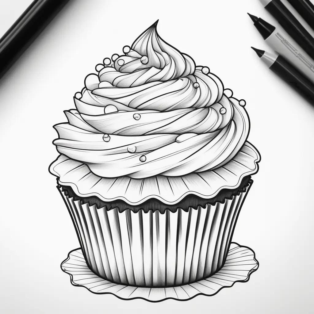 Black and white drawing of a cupcake with frosting