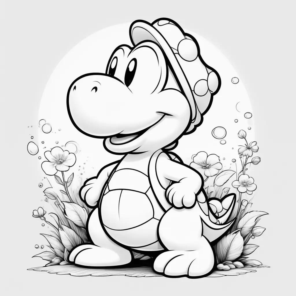 Black and white drawing of a cute cartoon Yoshi