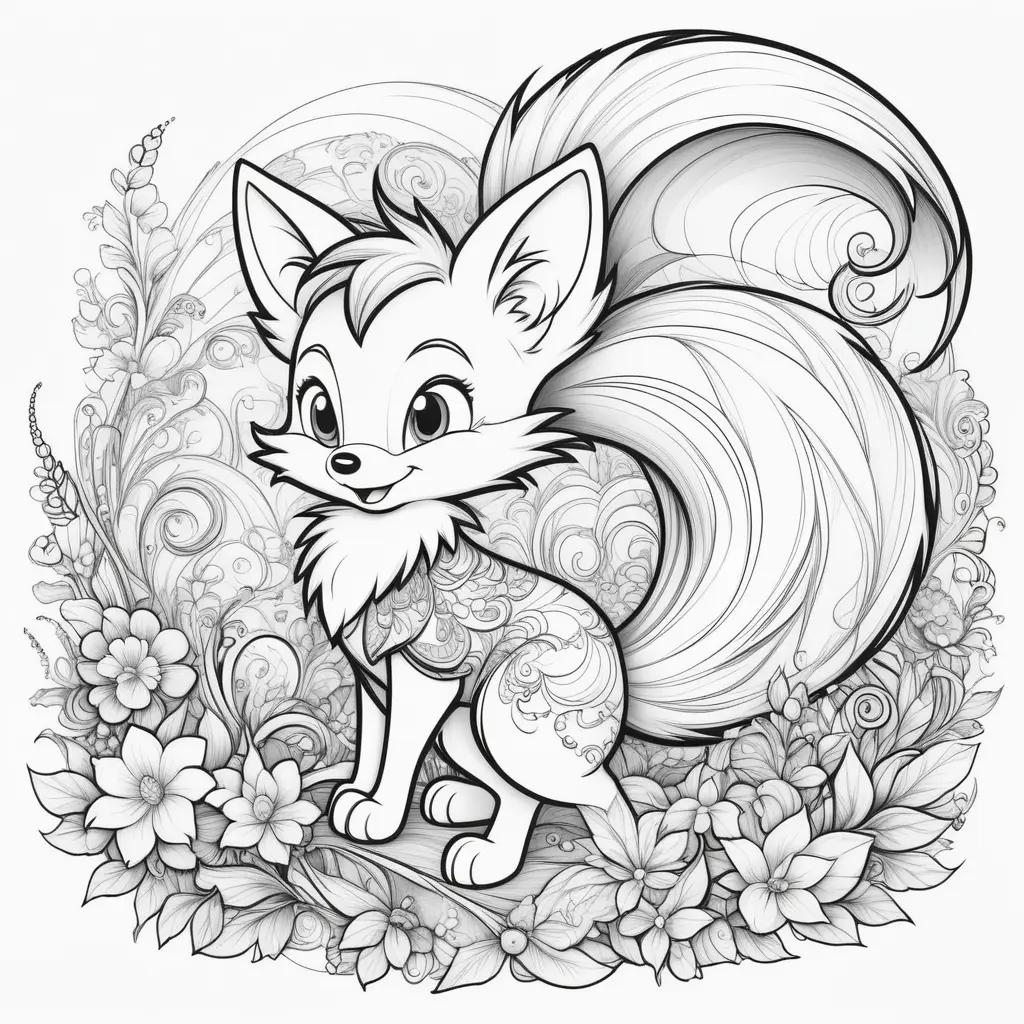 Black and white drawing of a cute little animal with colorful tails