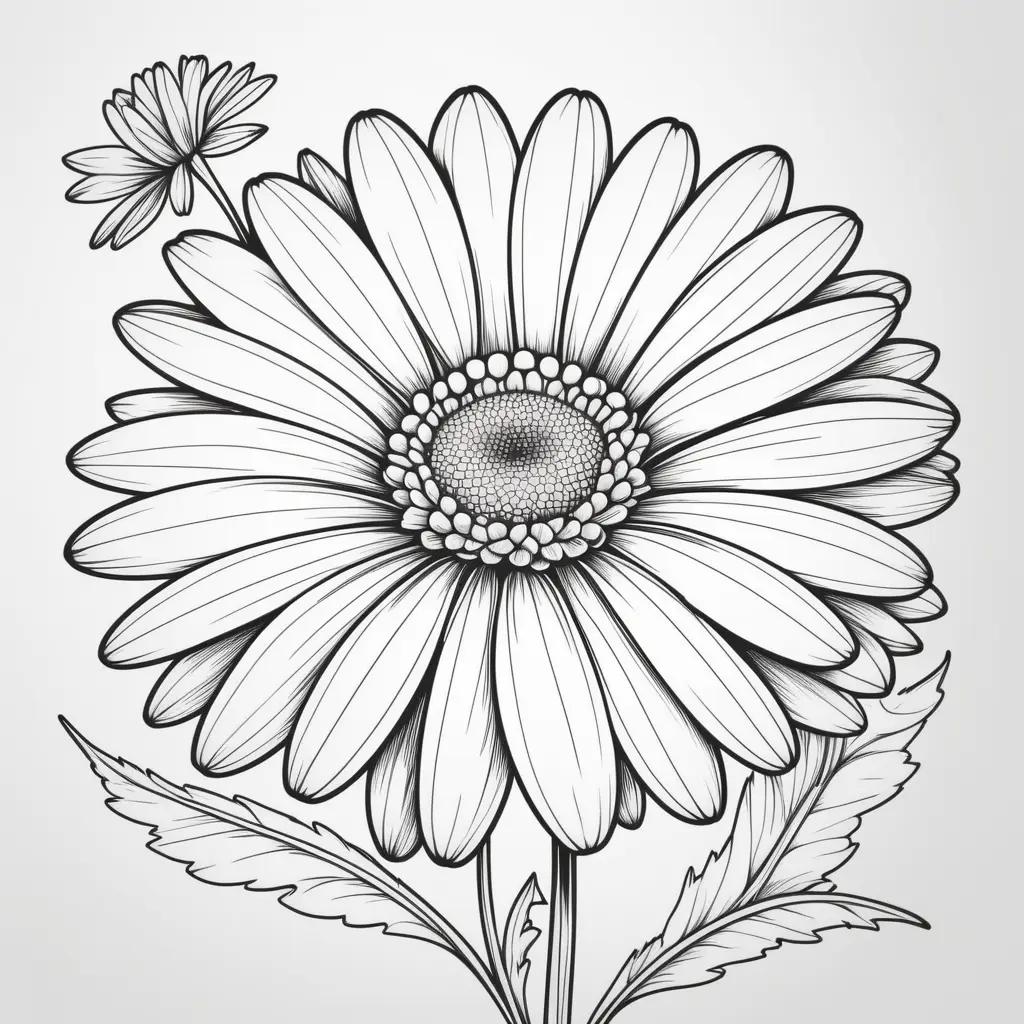 Black and white drawing of a daisy with leaves