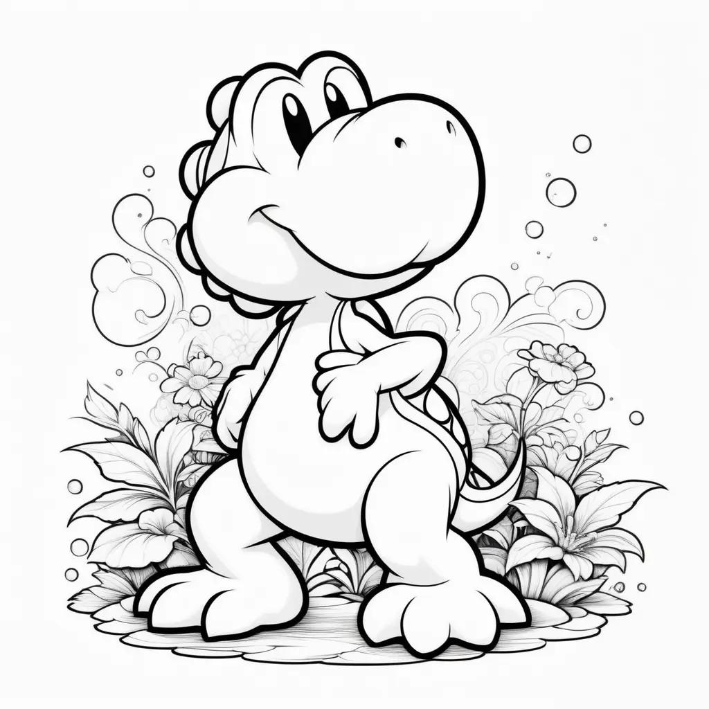 Black and white drawing of a dinosaur and flowers