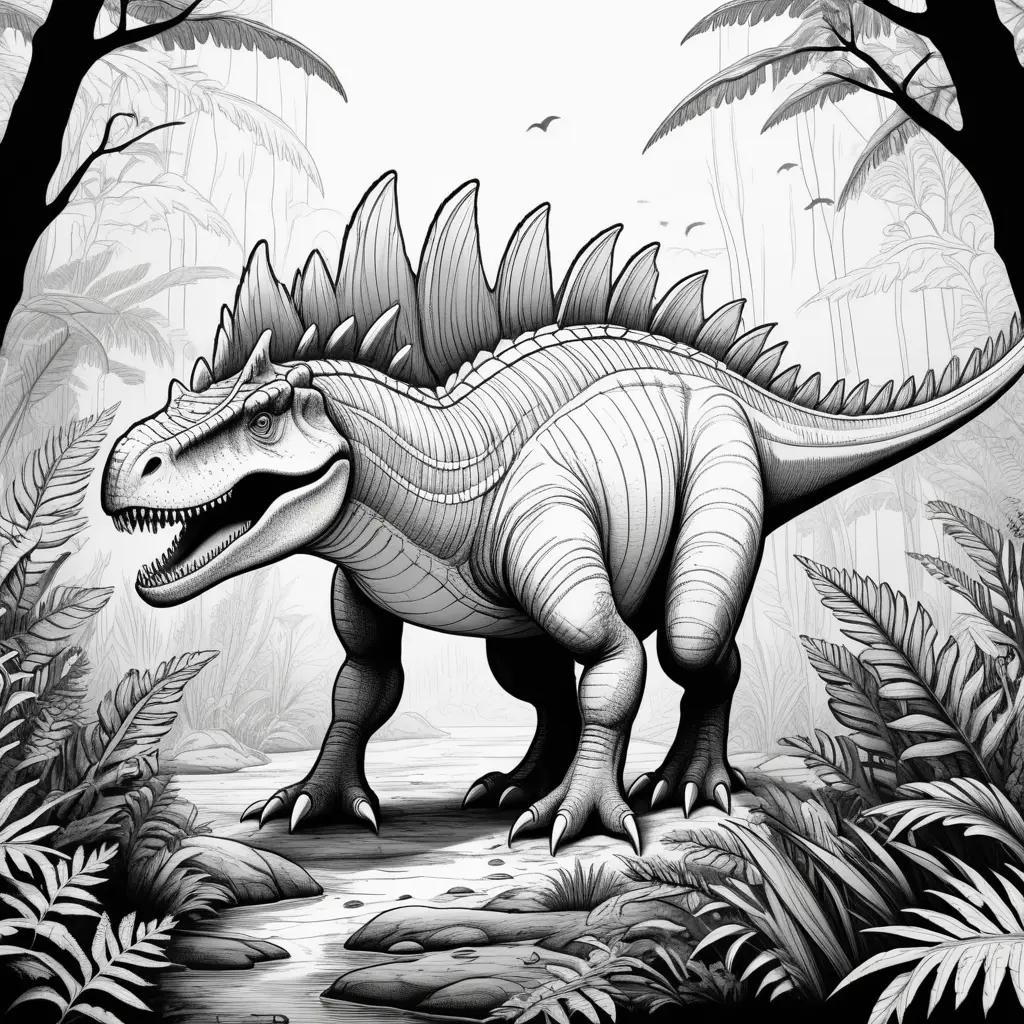 Black and white drawing of a dinosaur in a forest