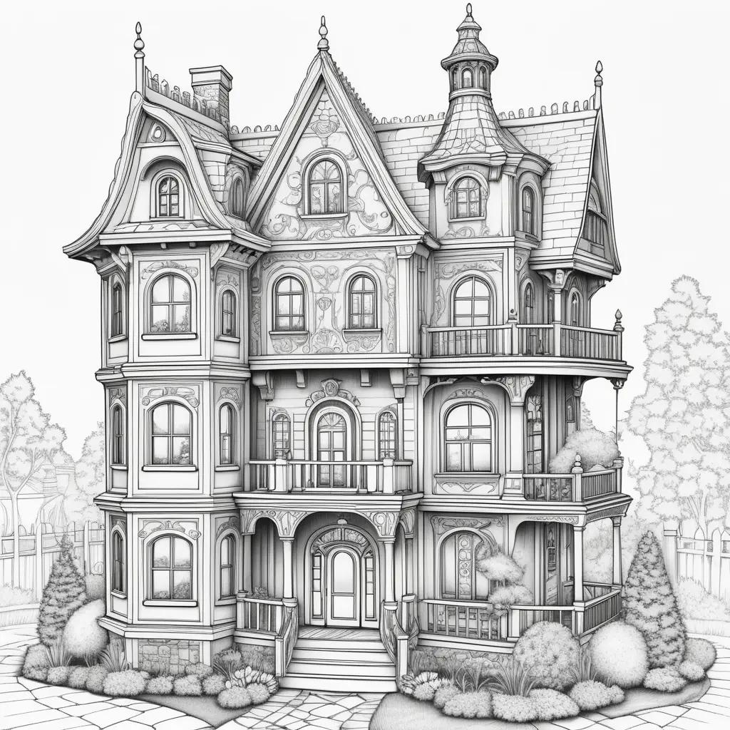 Black and white drawing of a dollhouse