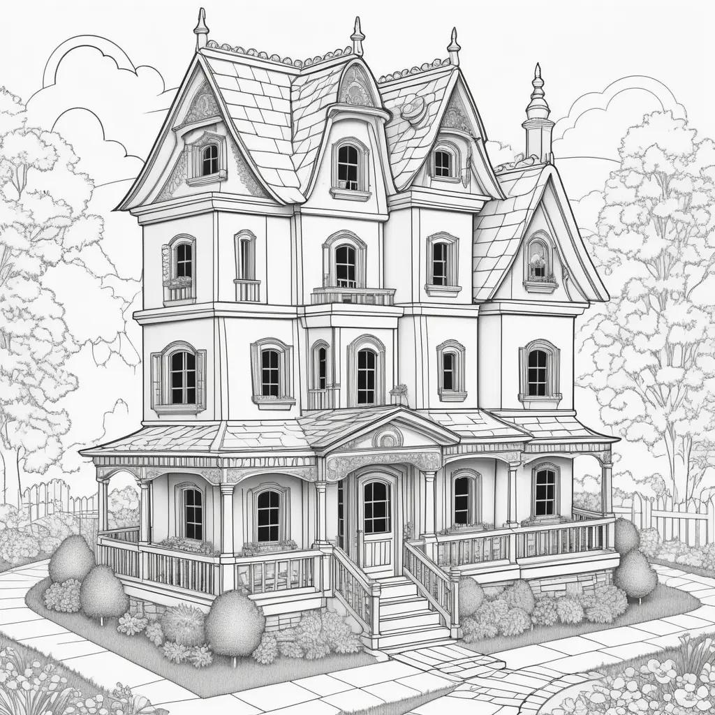 Black and white drawing of a dollhouse on a tree-lined street