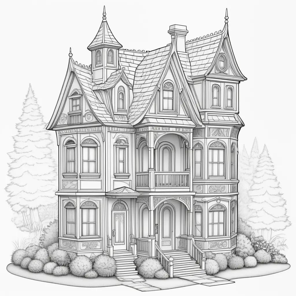 Black and white drawing of a dollhouse with a garden