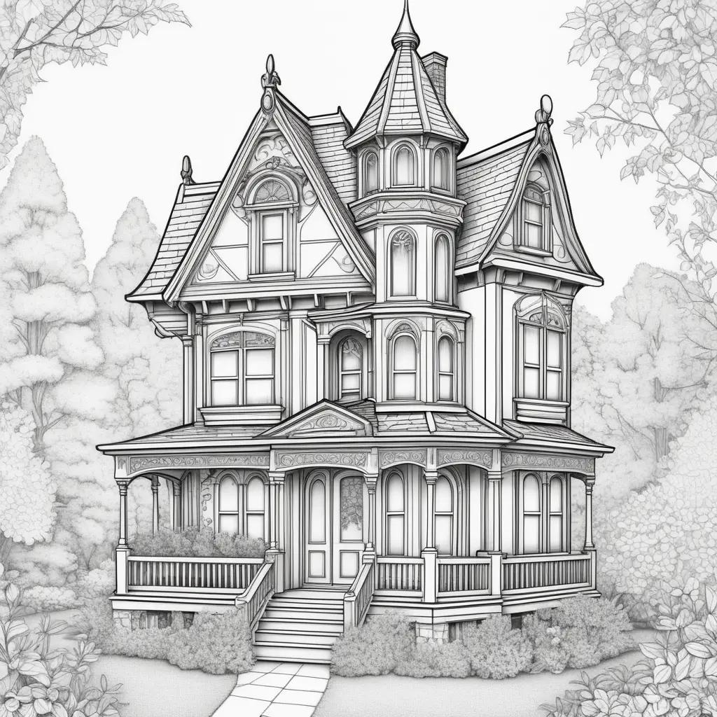 Black and white drawing of a dollhouse with trees