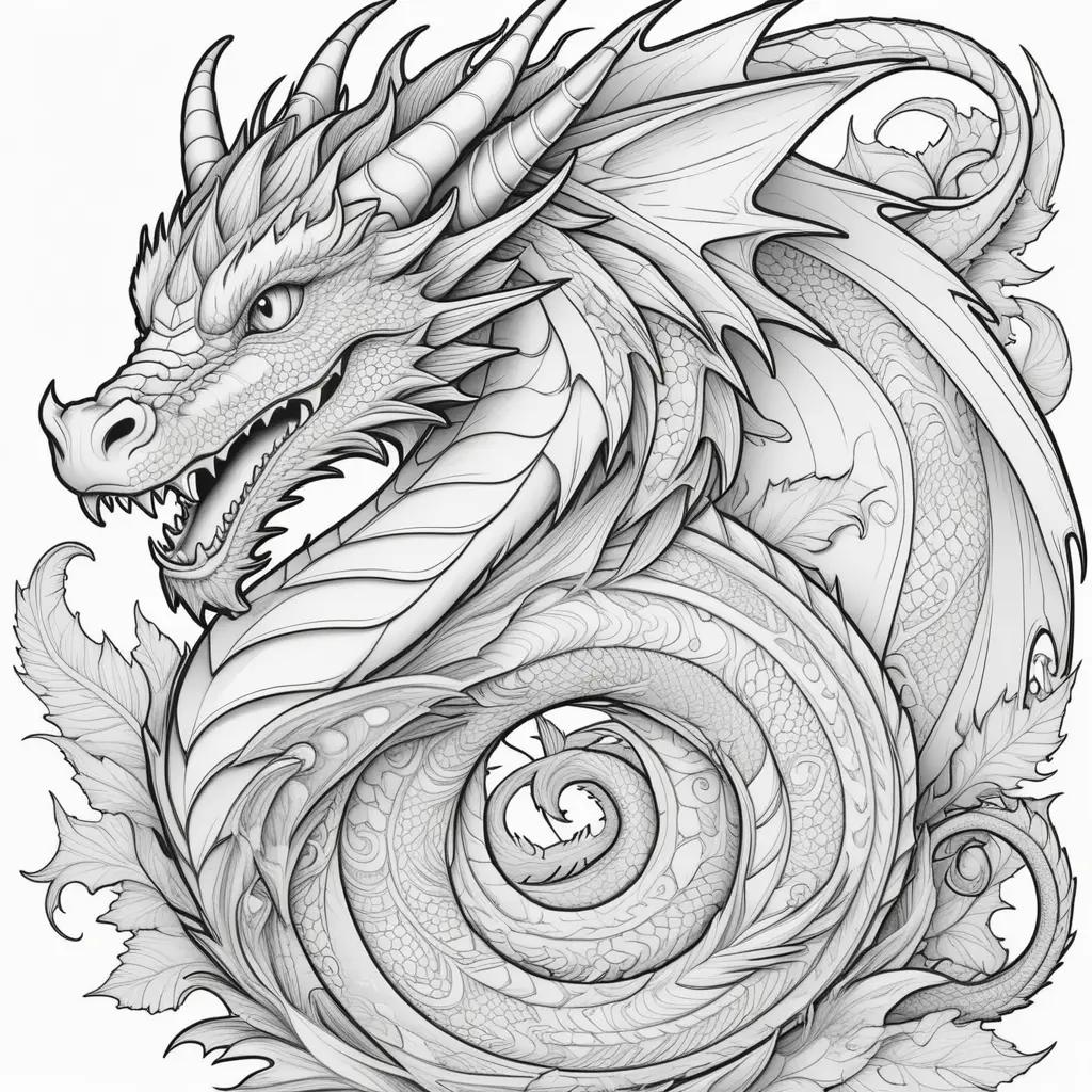 Black and white drawing of a dragon in a spiral