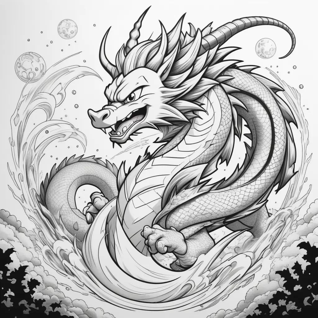 Black and white drawing of a dragon on a color page