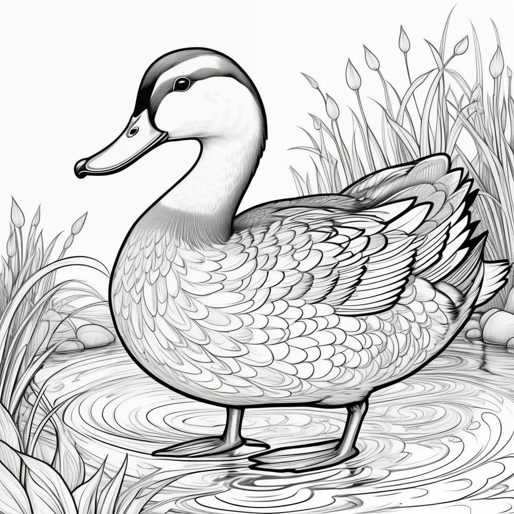 Black and white drawing of a duck in a pond