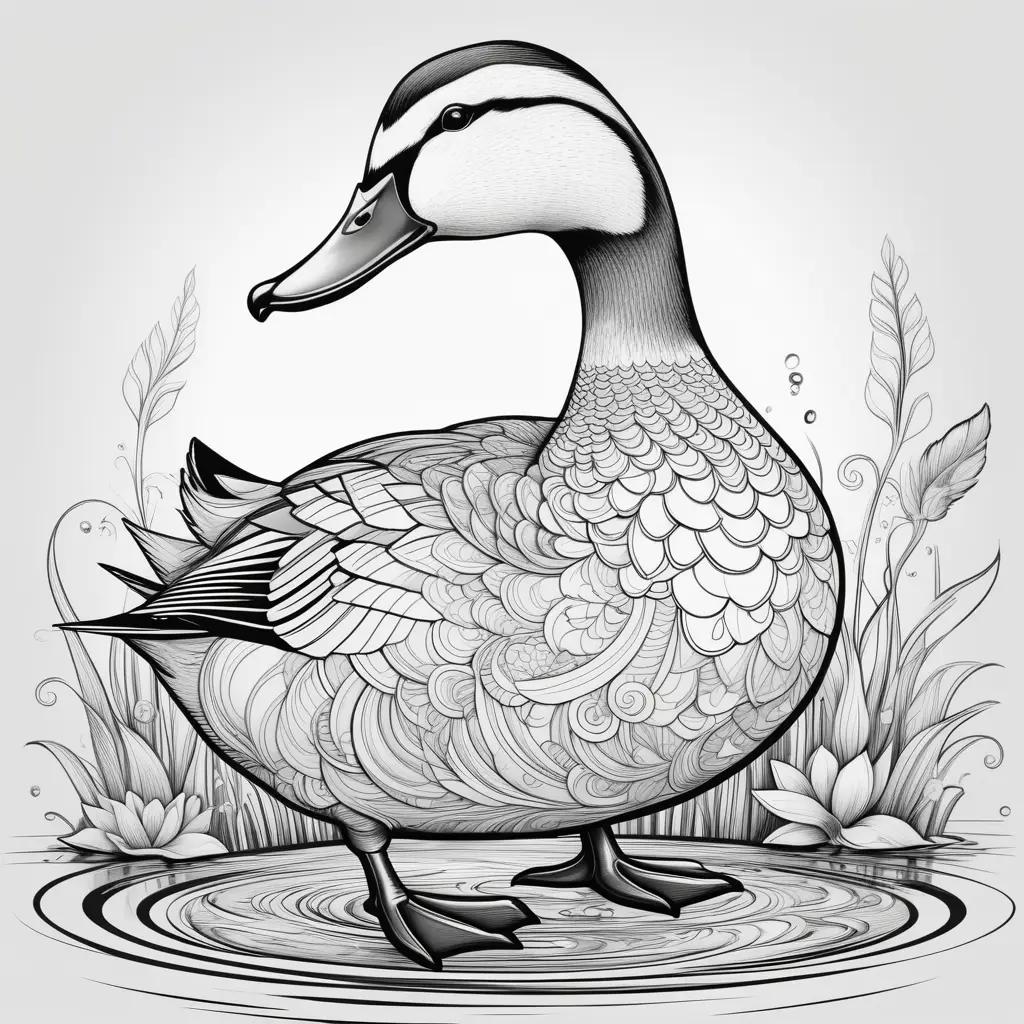 Black and white drawing of a duck with flower designs