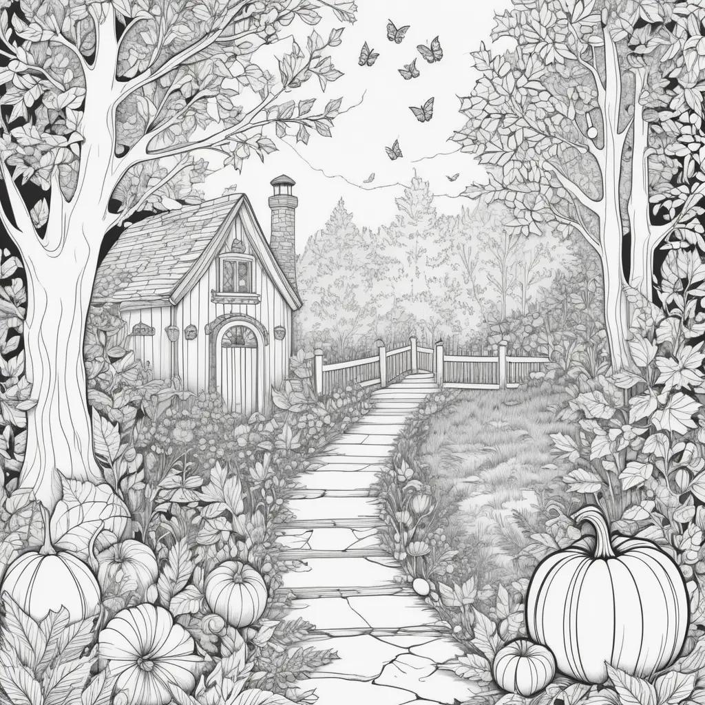 Black and white drawing of a fall color scene