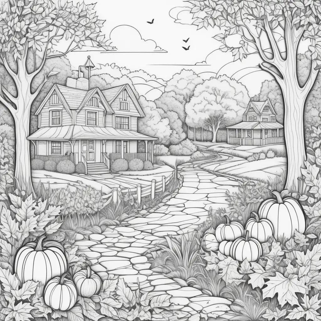 Black and white drawing of a fall scene on a coloring page