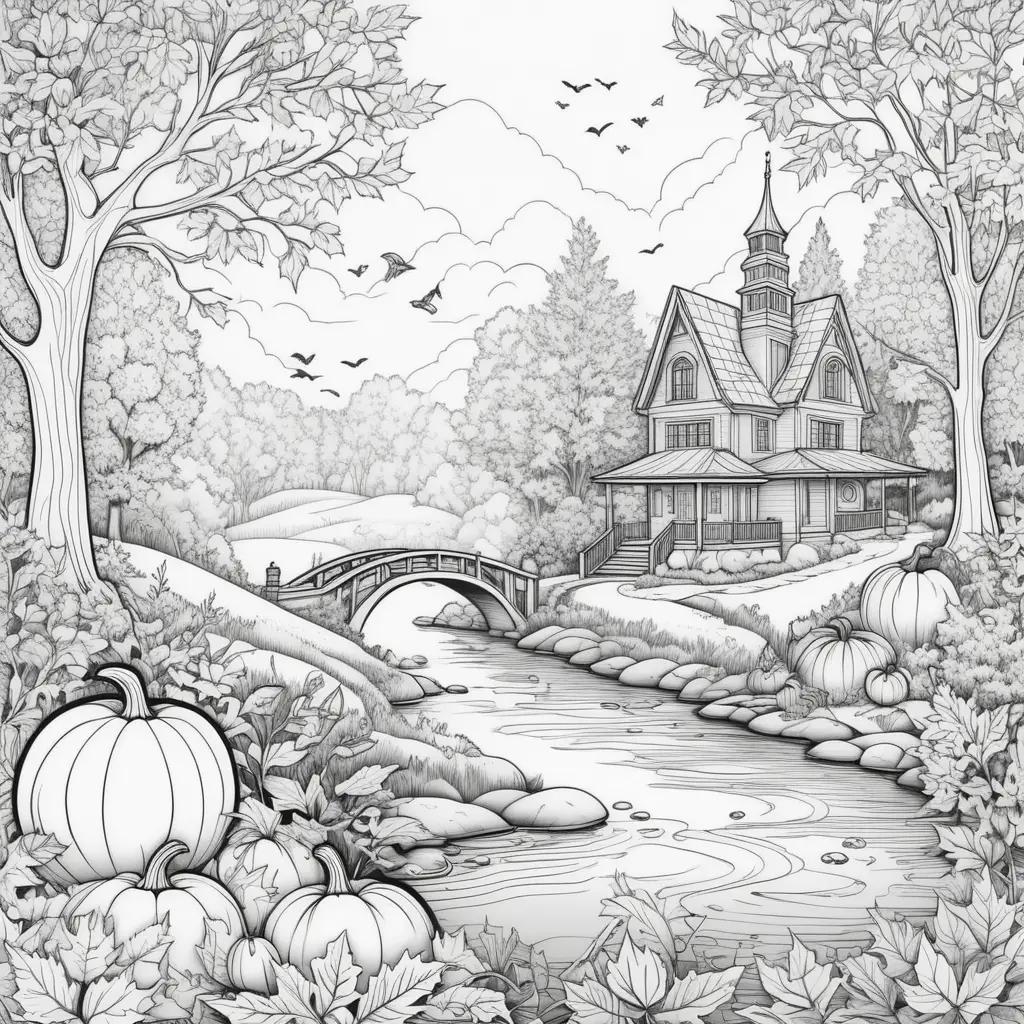 Black and white drawing of a fall scene with pumpkins