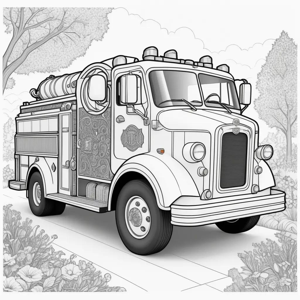 Black and white drawing of a fire truck