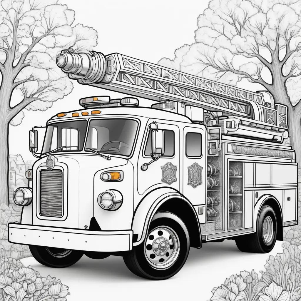 Black and white drawing of a fire truck in a forest