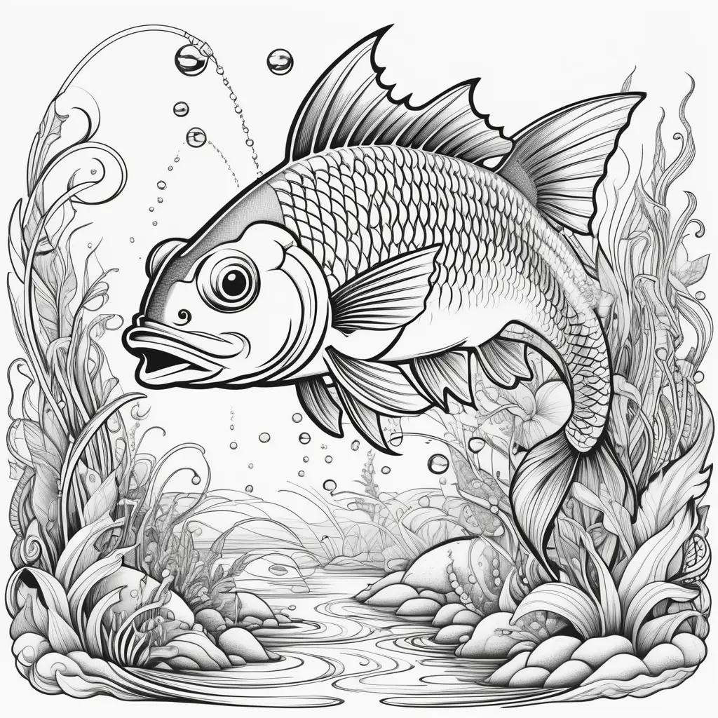 Black and white drawing of a fish in a river