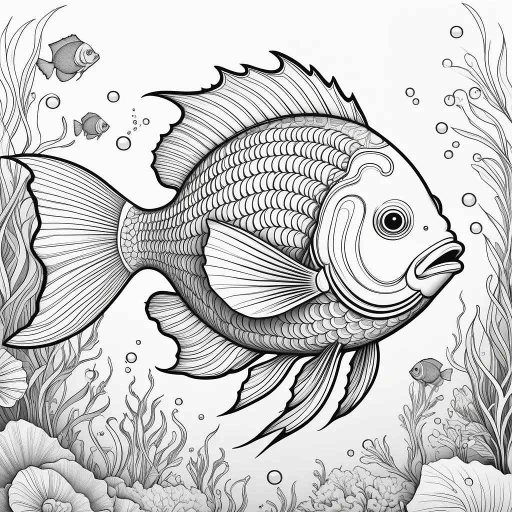 Black and white drawing of a fish in the ocean