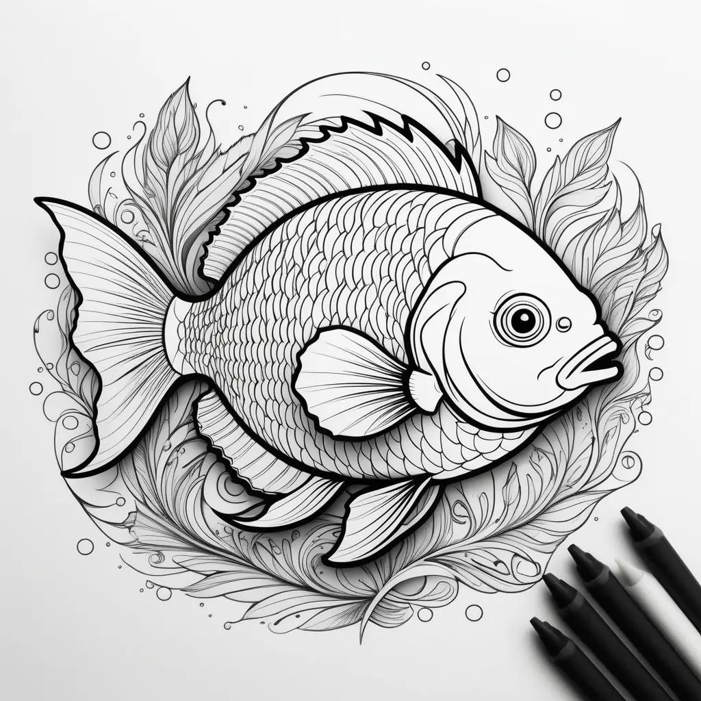 Black and white drawing of a fish on a leaf