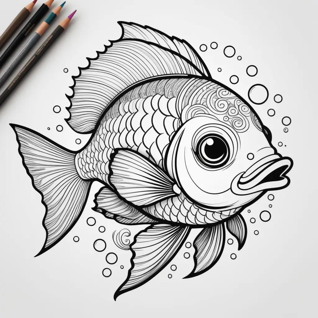 Black and white drawing of a fish on coloring pages