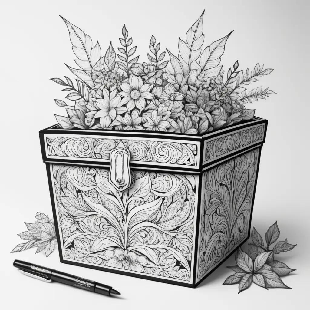 Black and white drawing of a flower box with pens inside