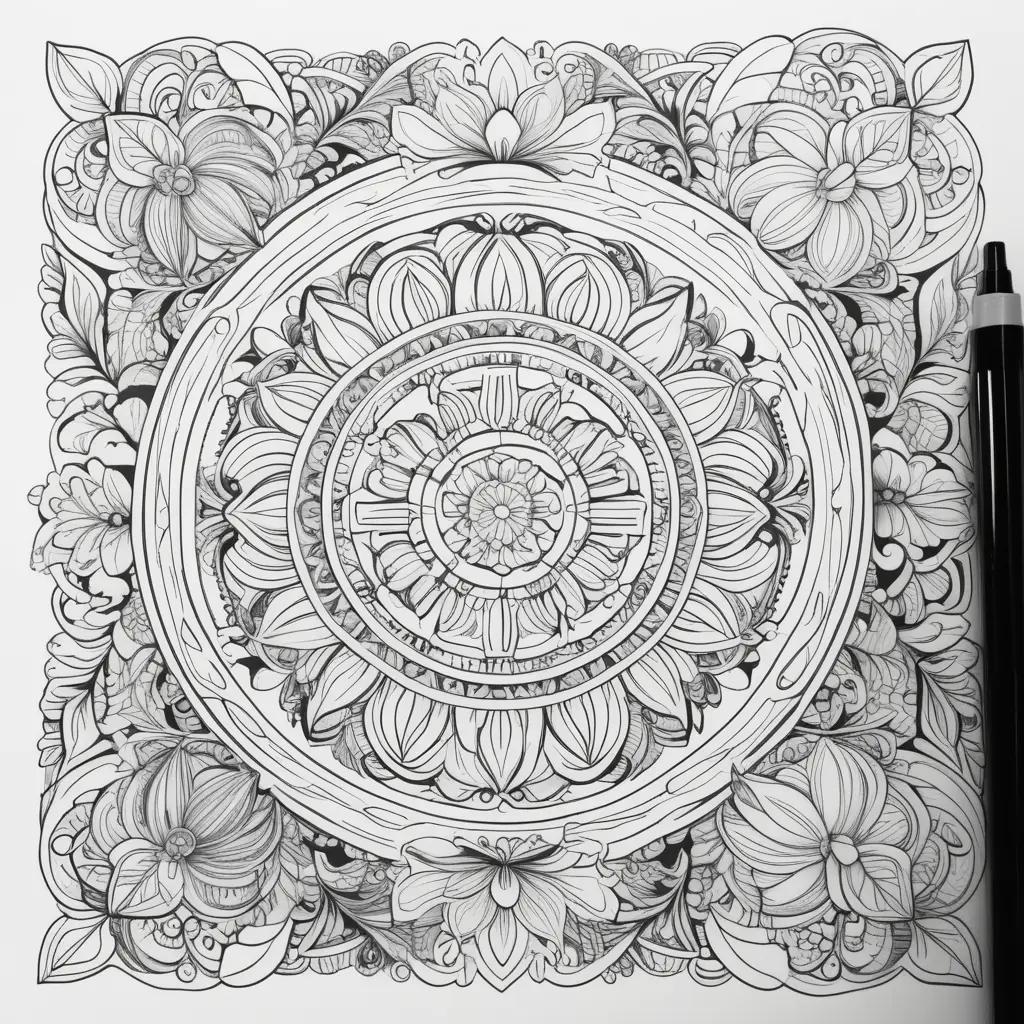 Black and white drawing of a flower on a square page