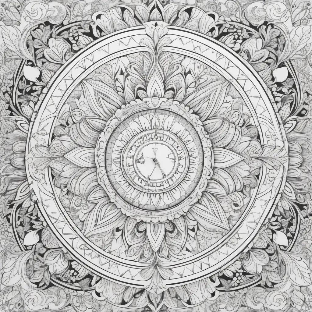 Black and white drawing of a flower with a clock in the center