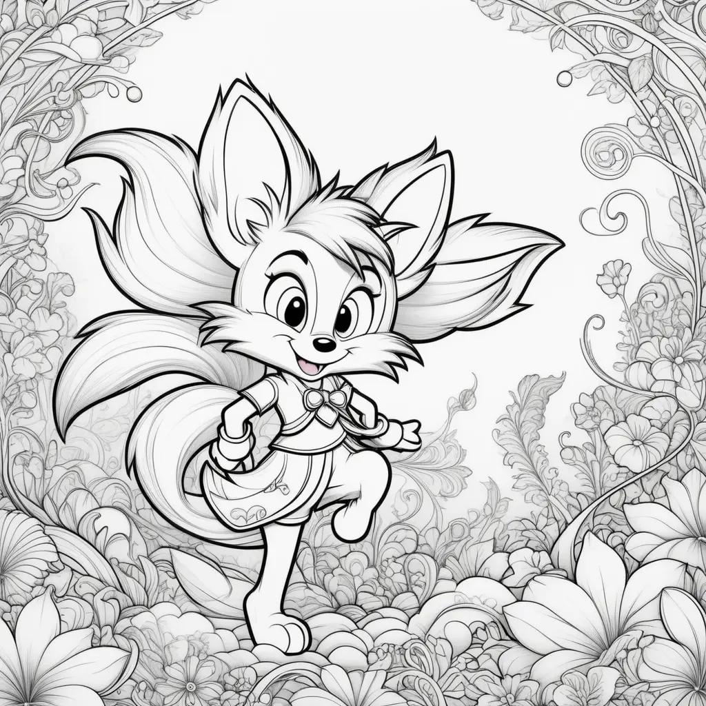 Black and white drawing of a fox with flower-like tails