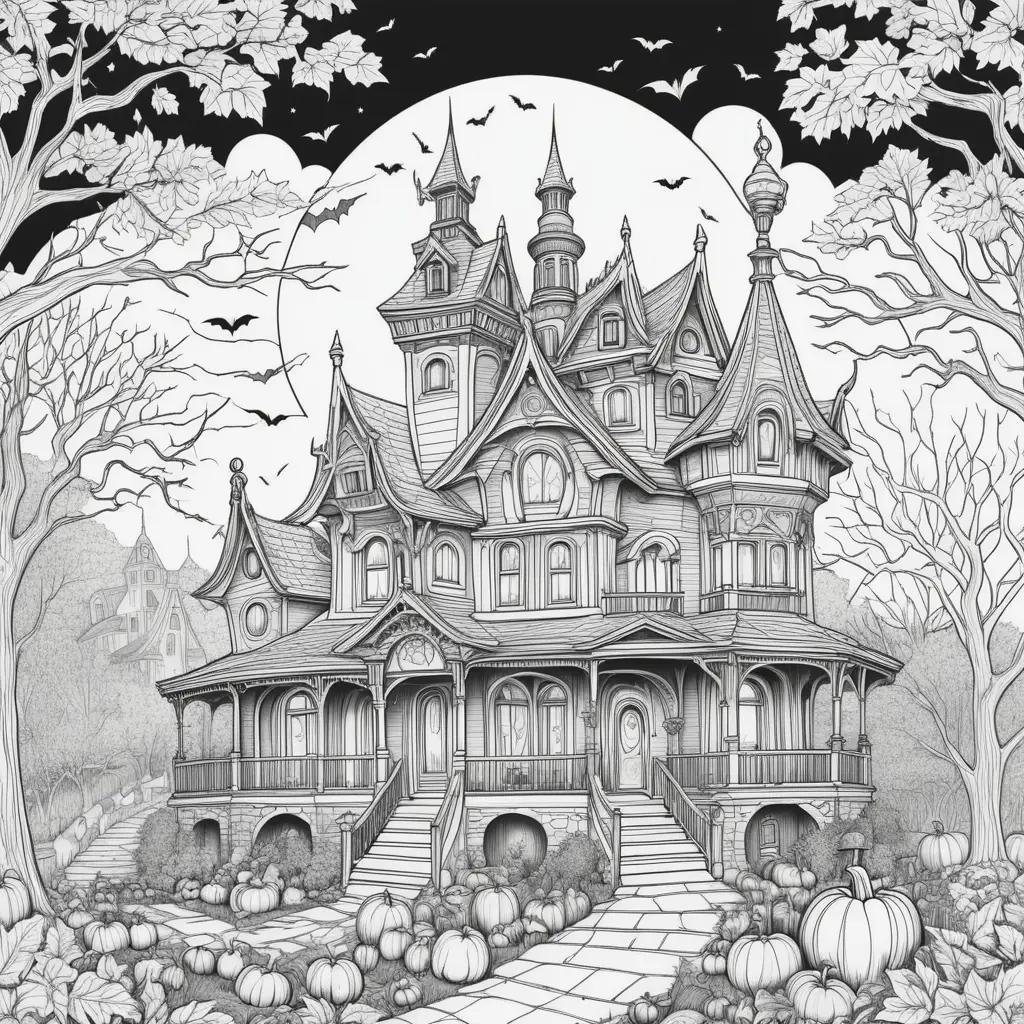 Black and white drawing of a free Halloween house coloring page