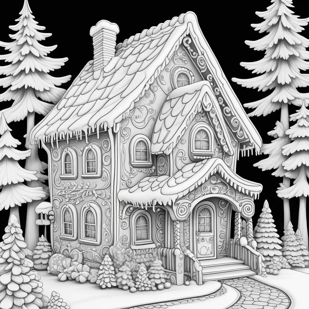 Black and white drawing of a gingerbread house with icicles