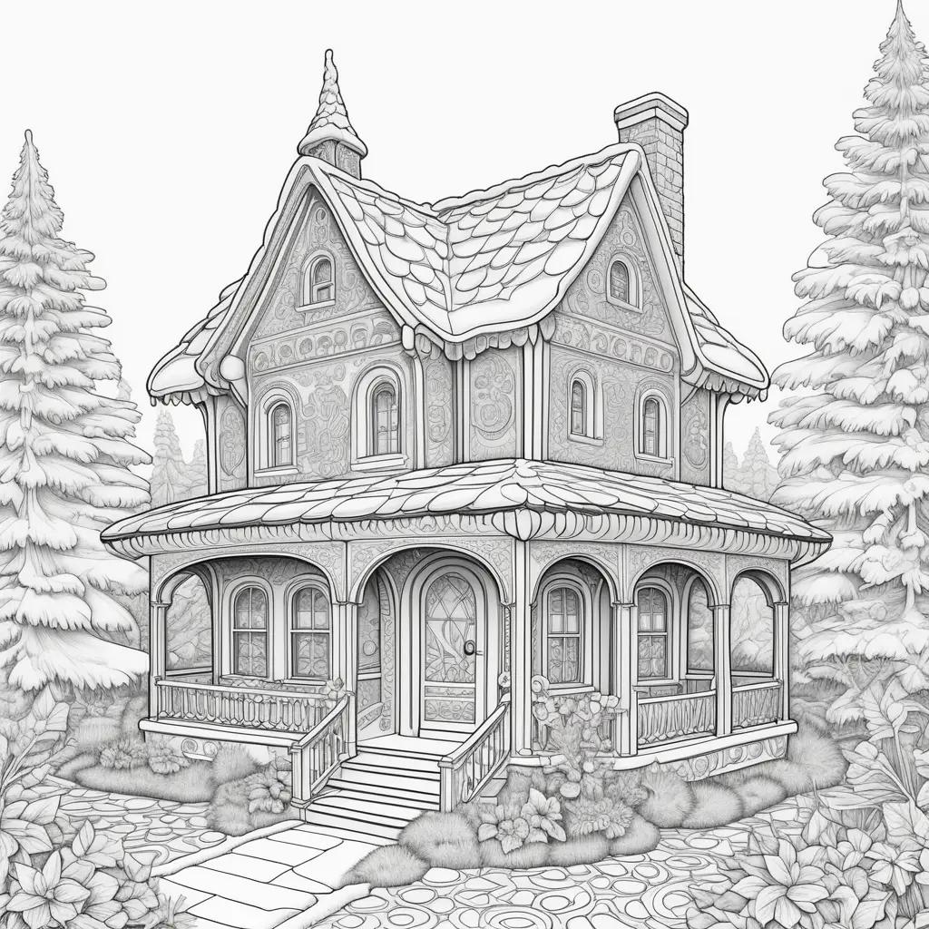 Black and white drawing of a gingerbread house