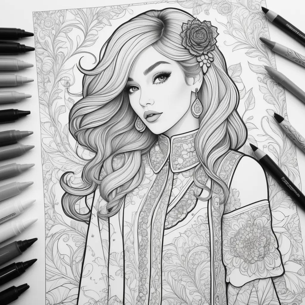 Black and white drawing of a girl in a fancy dress