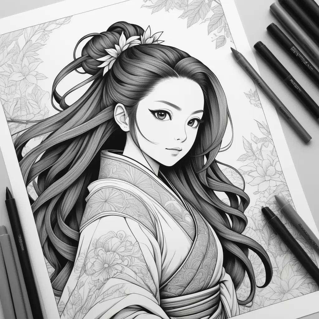 Black and white drawing of a girl in a kimono