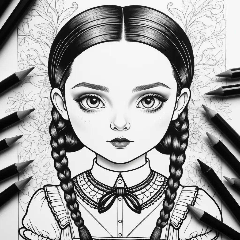 Black and white drawing of a girl on Wednesday Addams coloring pages