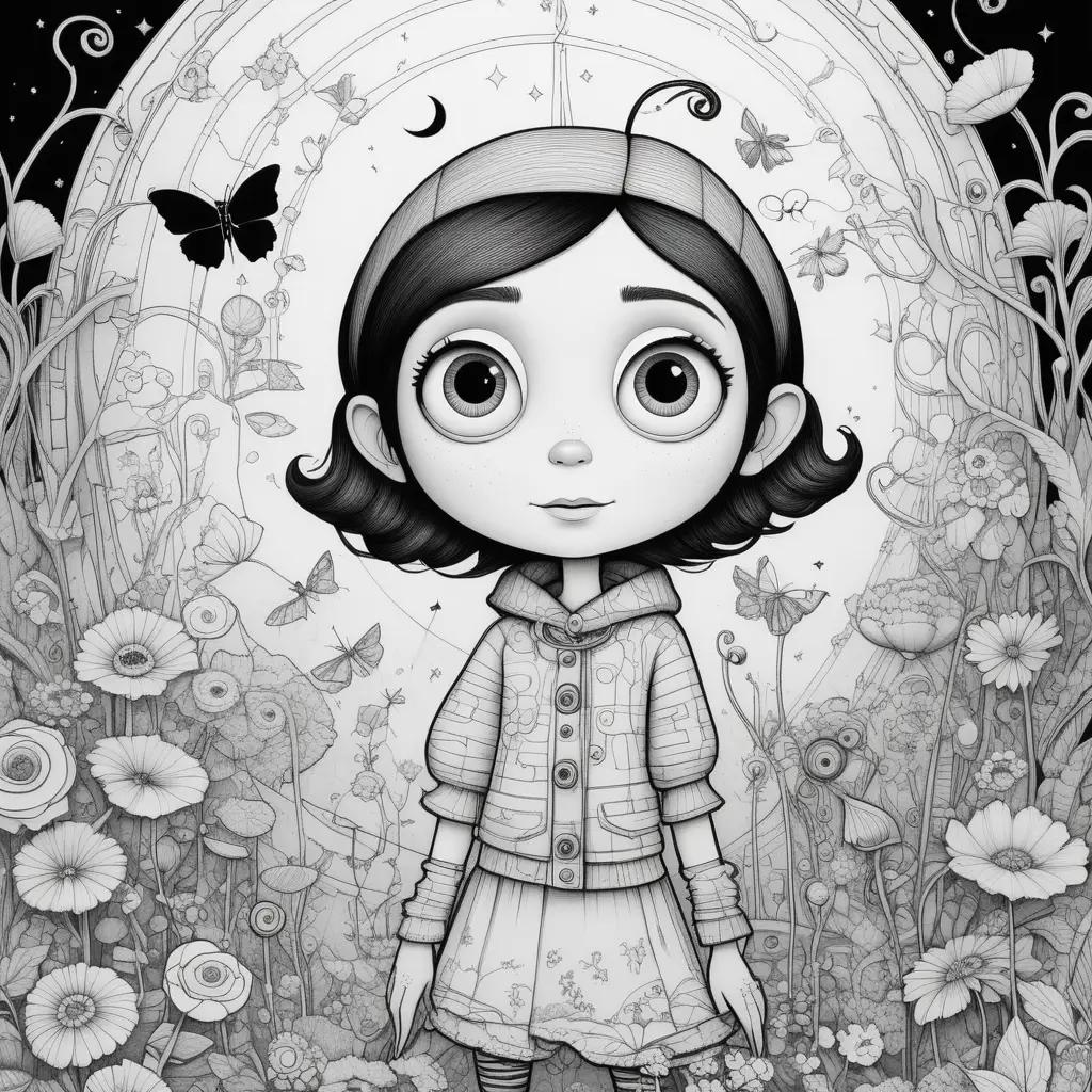 Black and white drawing of a girl with butterflies and flowers