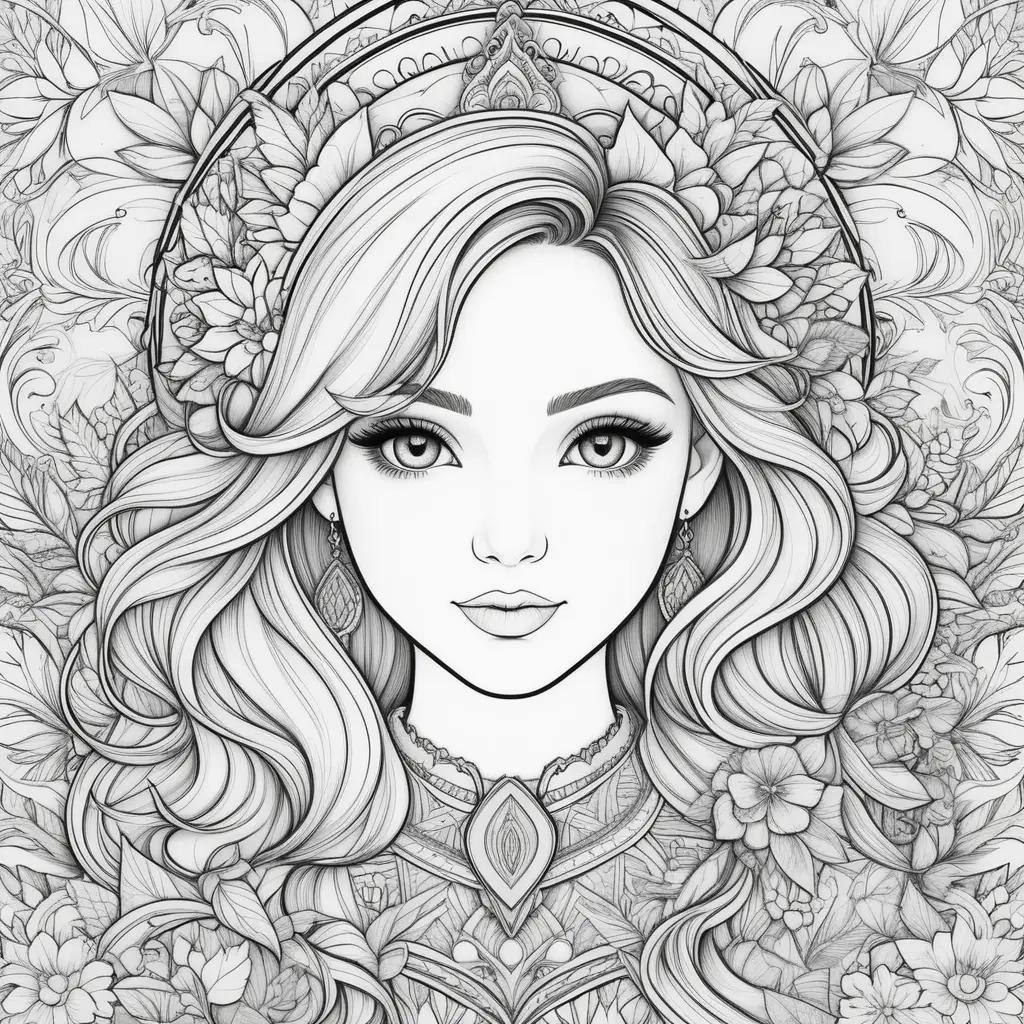 Black and white drawing of a girl with flowers