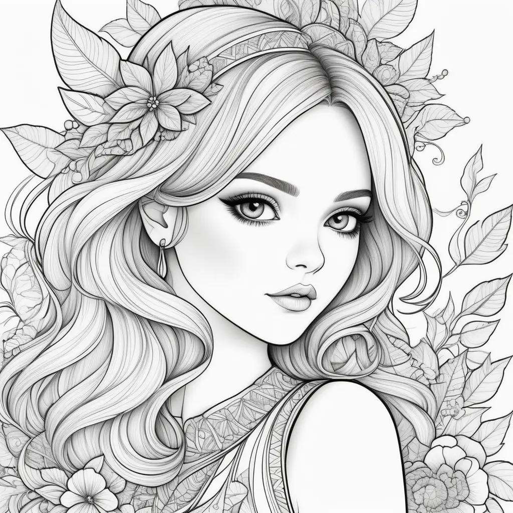 Black and white drawing of a girl with flowers