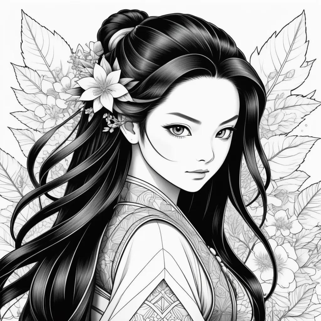 Black and white drawing of a girl with flowers