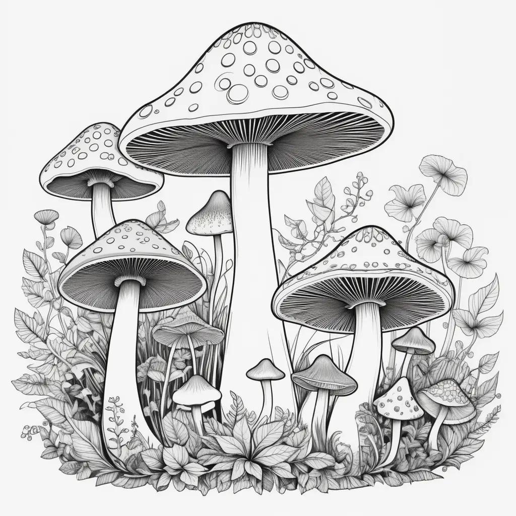 Black and white drawing of a group of mushrooms