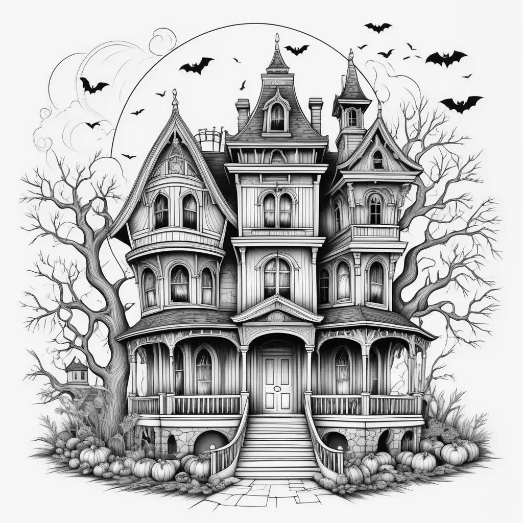 Black and white drawing of a haunted house with bats