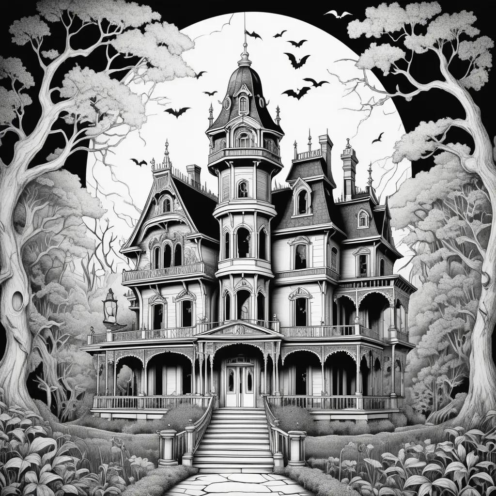 Black and white drawing of a haunted mansion