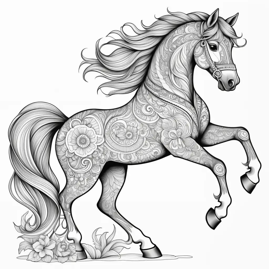 Black and white drawing of a horse with a flower