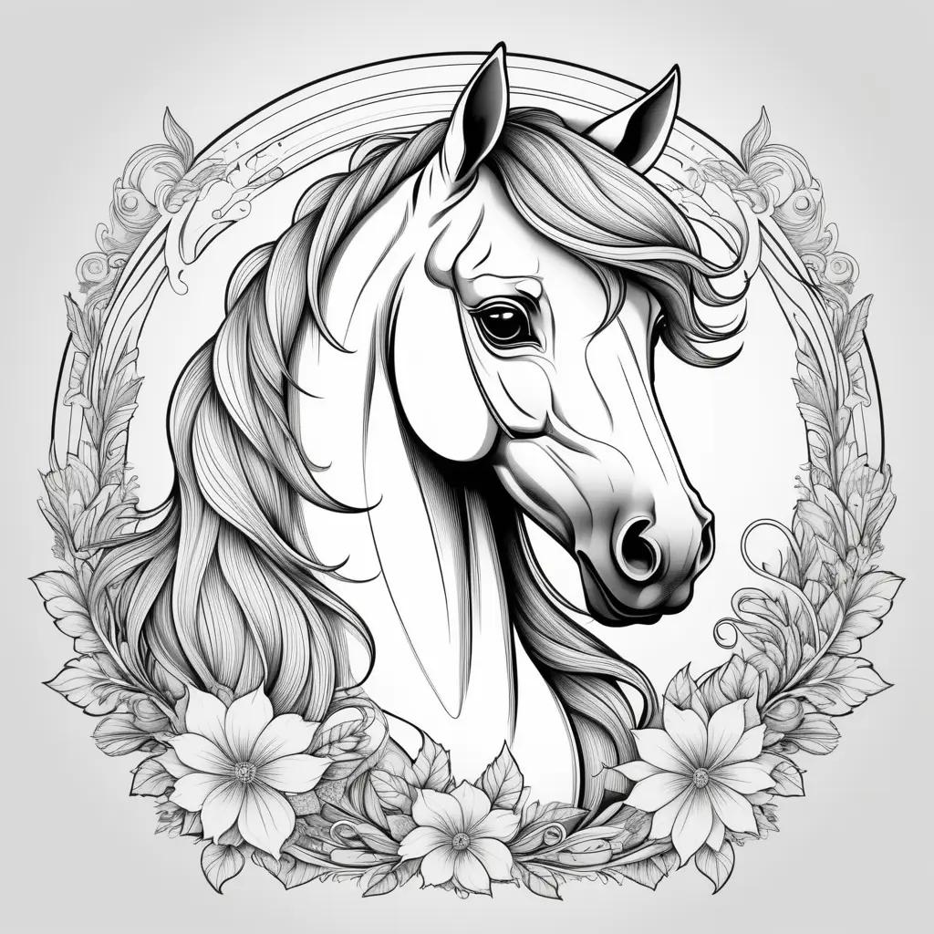 Black and white drawing of a horse with leaves