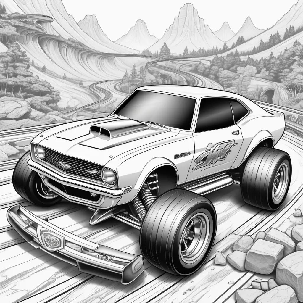 Black and white drawing of a hot wheels car racing on a mountain track