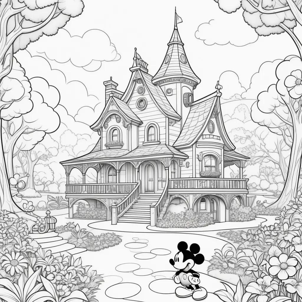 Black and white drawing of a house and Mickey Mouse Clubhouse coloring pages