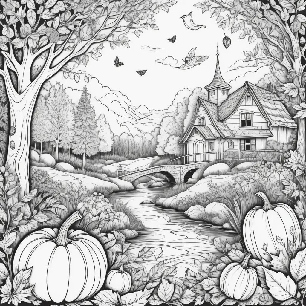 Black and white drawing of a house and trees in fall color pages